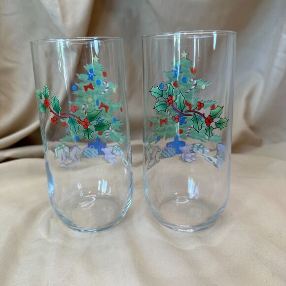 2 Vintage Luminarc Tumblers Noel Christmas Tree Drinking Glasses 6" - Picture 6 of 8